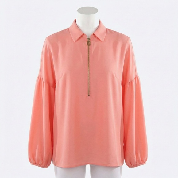 Michael Kors Tops - Michael Kors Grapefruit Pink Zip Front Collared Blouse Long Sleeve Top Size L